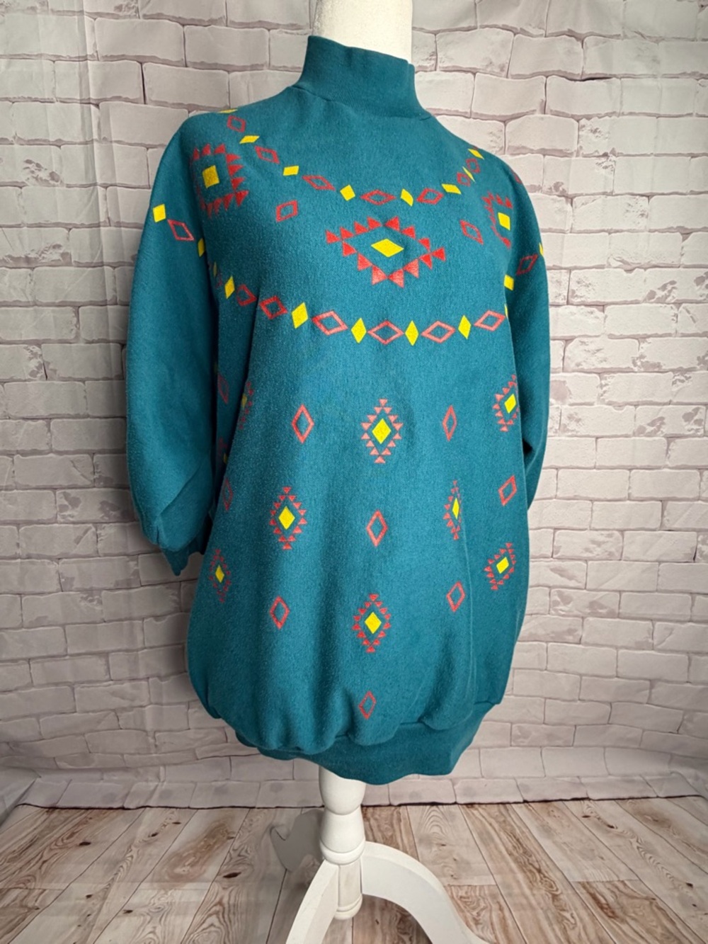 VTG Sloppy Joes Southwestern Aztec Turtleneck Sweatshirt Teal USA Made  Sz Med